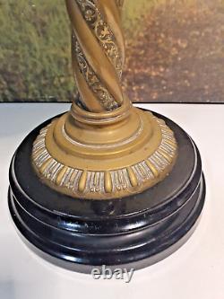 Green Antique Opaline Art Nouveau Oil Lamp Font with Brass & Stoneware Base