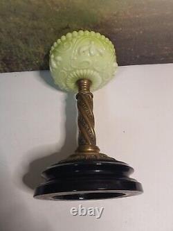 Green Antique Opaline Art Nouveau Oil Lamp Font with Brass & Stoneware Base