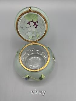 Green Art Nouveau Painted French Enamel Dresser Box Powder Jar Brass Legras