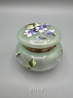 Green Art Nouveau Painted French Enamel Dresser Box Powder Jar Brass Legras