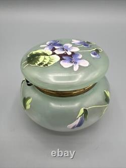 Green Art Nouveau Painted French Enamel Dresser Box Powder Jar Brass Legras
