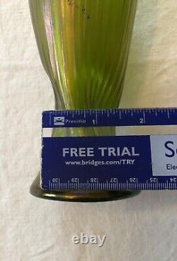 Green Aurene Style Iridescent Glass Vase Ribbed Twist Pinched Rim Unsigned 7