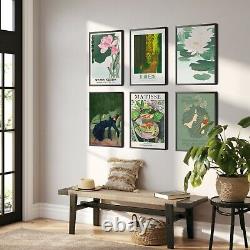 Green Classical Art Nouveau, Woodblock, and Matisse Paintings Set of 6 Posters