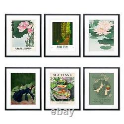 Green Classical Art Nouveau, Woodblock, and Matisse Paintings Set of 6 Posters