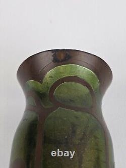 Green Glass Iridescent Galvanoplasty Copper Carl Goldberg Overlay Vase c1900