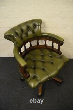 Green Leather Captains Swivel Desk Chair