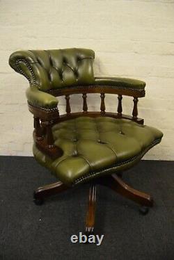 Green Leather Captains Swivel Desk Chair