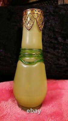 Green Loetz Art Nouveau Vase With Applied Brass Decoration Circa 1890