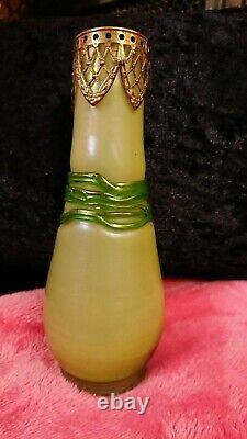 Green Loetz Art Nouveau Vase With Applied Brass Decoration Circa 1890