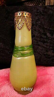 Green Loetz Art Nouveau Vase With Applied Brass Decoration Circa 1890