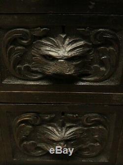 Green Man Carved Gothic Oak Pedestal Desk with Ebonized Finish and Leather Top