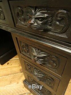 Green Man Carved Gothic Oak Pedestal Desk with Ebonized Finish and Leather Top