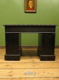 Green Man Carved Gothic Oak Pedestal Desk with Ebonized Finish and Leather Top