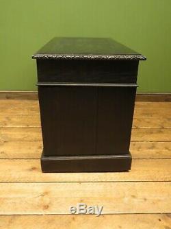 Green Man Carved Gothic Oak Pedestal Desk with Ebonized Finish and Leather Top