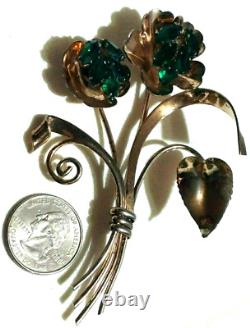 Green Stone Leaves Art Nouveau Brooch Sterling Silver VTG Estate 1930's-1950's
