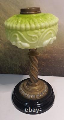 Green antique opaline green art nouveau oil lamp font, brass & stoneware base