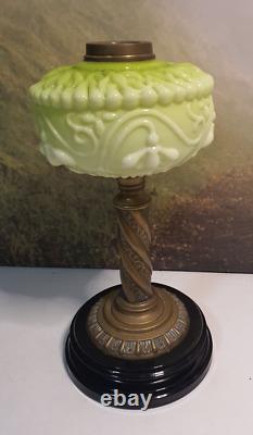 Green antique opaline green art nouveau oil lamp font, brass & stoneware base