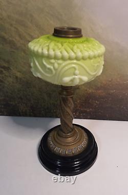 Green antique opaline green art nouveau oil lamp font, brass & stoneware base