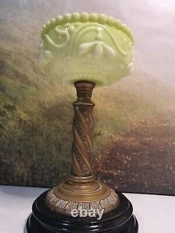 Green antique opaline green art nouveau oil lamp font, brass & stoneware base