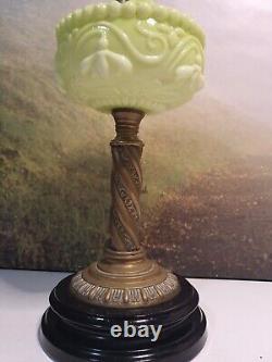 Green antique opaline green art nouveau oil lamp font, brass & stoneware base