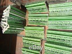 Green high relief leave lot of 41 bullnose border tiles 6x3 Art Nouveau Majolica
