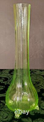 HARRACH Mid 1700's Vaseline Green Hand Blown Tall Ribbed to Feet Flower Vase