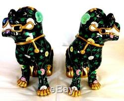 HEREND Black Dynasty 2 Matching 10 FOO DOGS in Black & Green +24K Gold Rare