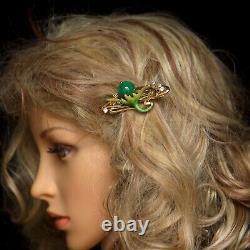 Hair Barrette Art Nouveau Floral Green Jade Pearl Mini QD12