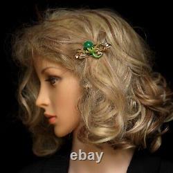 Hair Barrette Art Nouveau Floral Green Jade Pearl Mini QD12