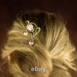 Hair Comb Art Nouveau Floral Green Real Baroque Pearl Pink QD12