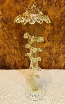 Hand-blown Victorian Glass Vase Applied Rigaree Decoration Art Nouveau Green Hue