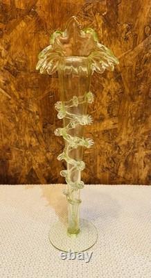 Hand-blown Victorian Glass Vase Applied Rigaree Decoration Art Nouveau Green Hue