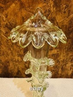 Hand-blown Victorian Glass Vase Applied Rigaree Decoration Art Nouveau Green Hue