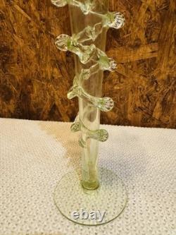 Hand-blown Victorian Glass Vase Applied Rigaree Decoration Art Nouveau Green Hue