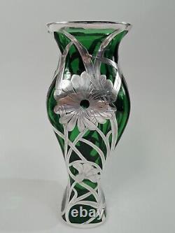 Henckel Vase 53/99 Antique Art Nouveau American Green Glass Silver Overlay