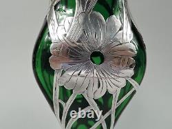 Henckel Vase 53/99 Antique Art Nouveau American Green Glass Silver Overlay