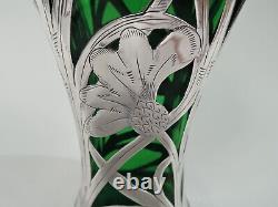 Henckel Vase 53/99 Antique Art Nouveau American Green Glass Silver Overlay