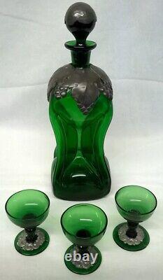 Holmegaard Art Nouveau Style Green Kluk Kluk Decanter & Matching Schapps Glass