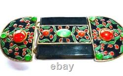 Huge Antique French Art Deco Nouveau Poured Jade Green Glass Black Enamel Buckle