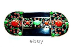 Huge Antique French Art Deco Nouveau Poured Jade Green Glass Black Enamel Buckle