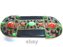 Huge Antique French Art Deco Nouveau Poured Jade Green Glass Black Enamel Buckle