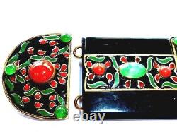 Huge Antique French Art Deco Nouveau Poured Jade Green Glass Black Enamel Buckle