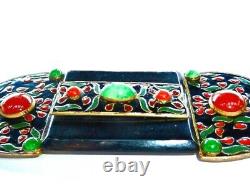 Huge Antique French Art Deco Nouveau Poured Jade Green Glass Black Enamel Buckle