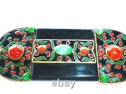 Huge Antique French Art Deco Nouveau Poured Jade Green Glass Black Enamel Buckle