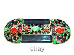 Huge Antique French Art Deco Nouveau Poured Jade Green Glass Black Enamel Buckle