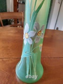 Huge Art Nouveau Bohemian green satin vase