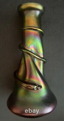 Iridescent Rindskopf Green/purple Art Glass Snake Vase 9 Tall Art Nouveau