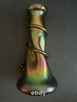 Iridescent Rindskopf Green/purple Art Glass Snake Vase 9 Tall Art Nouveau