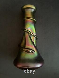 Iridescent Rindskopf Green/purple Art Glass Snake Vase 9 Tall Art Nouveau