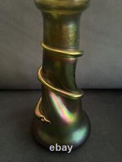 Iridescent Rindskopf Green/purple Art Glass Snake Vase 9 Tall Art Nouveau